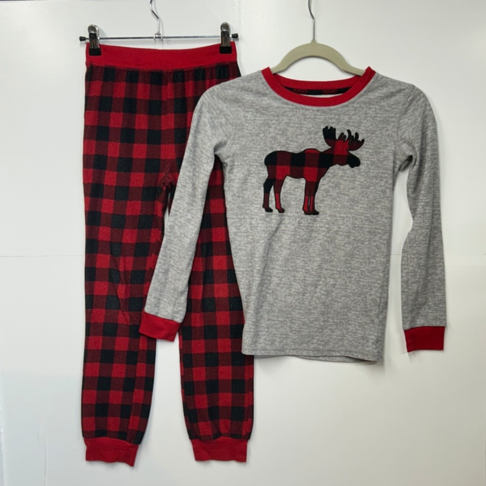 Eddie Bauer Kids Pajama Set Size 10 Grey Red Buffalo Plaid Moose Waffle Knit